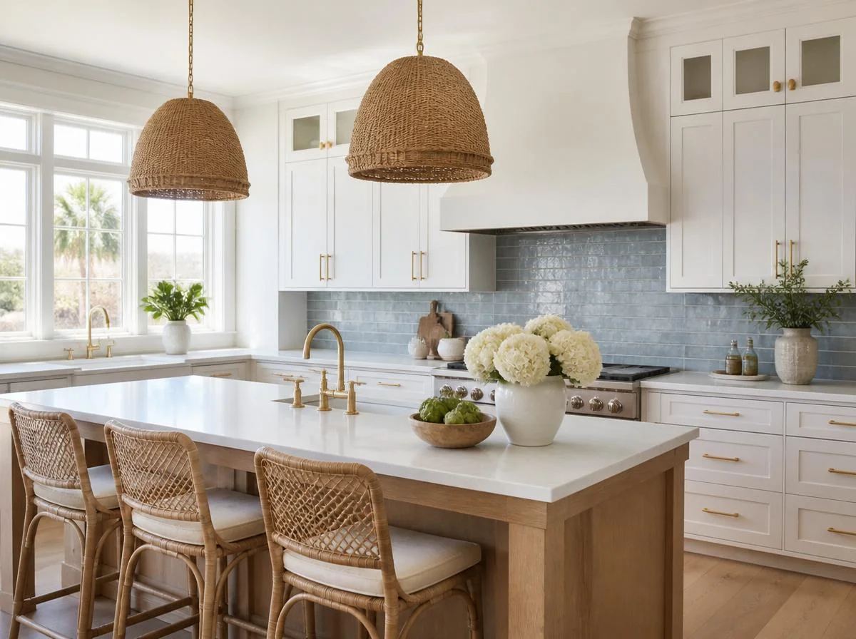 White Shaker Cabinets With Natural Wood Island
